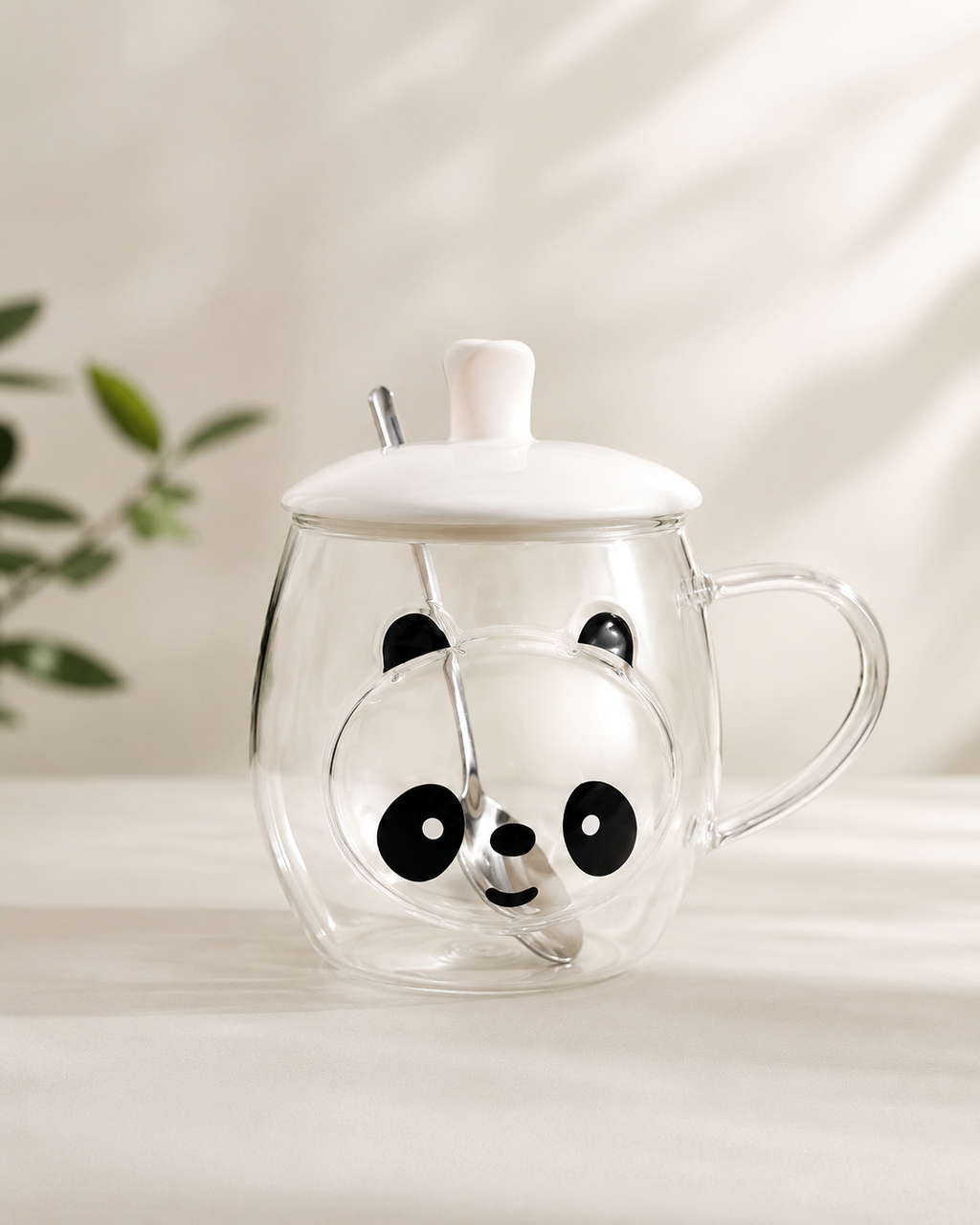 Cute Panda Glass Mug with Lid & Spoon – 350ML