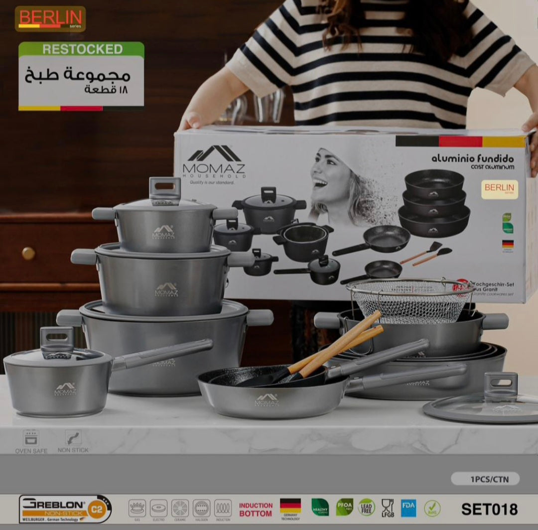 Premium 18-Piece Non-Stick Cookware Set – Aluminum Pots & Pans with Swiss Coating | Induction Ready | Free Shipping