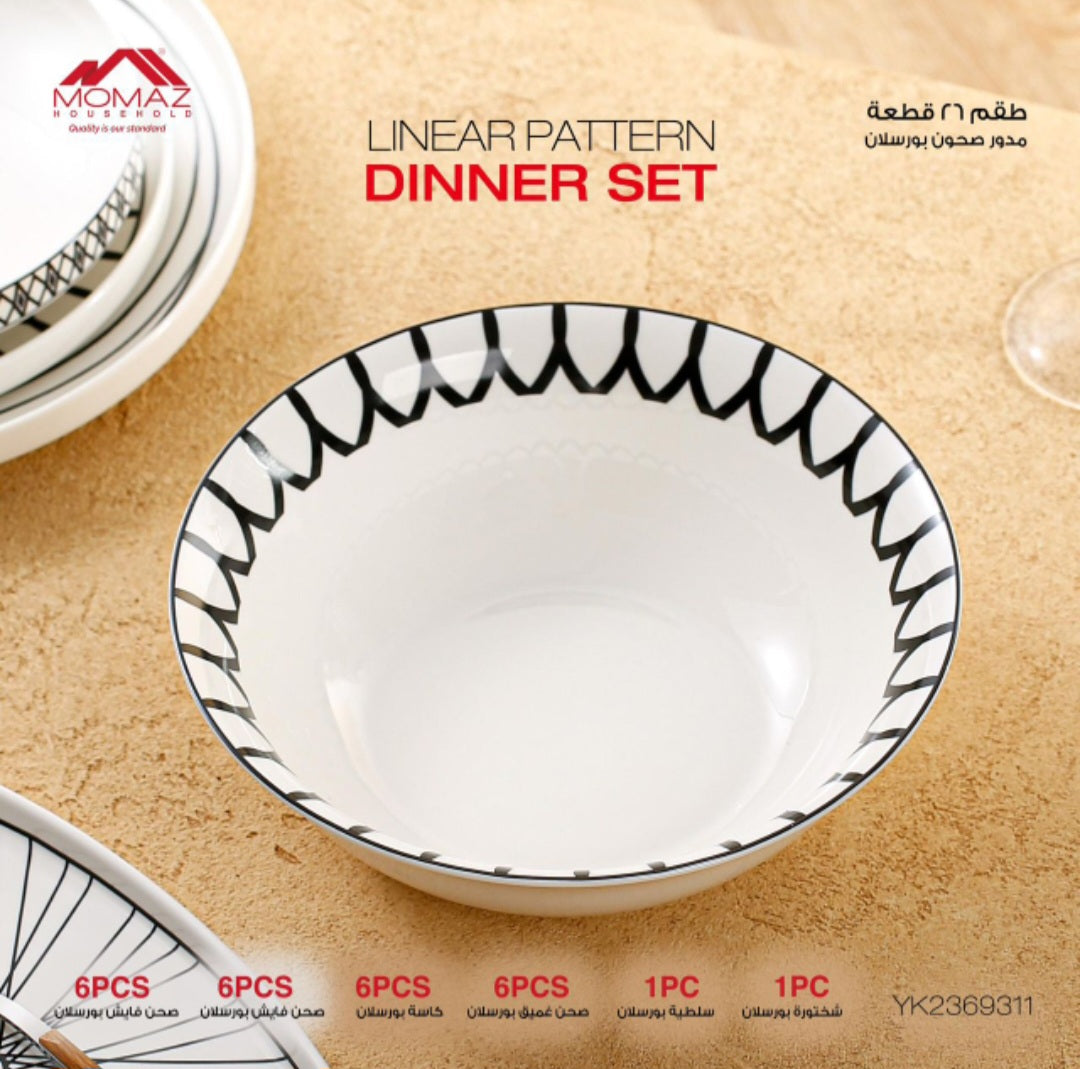 26-Piece Linear Pattern Porcelain Dinner Set – Modern Black & White Tableware Collection