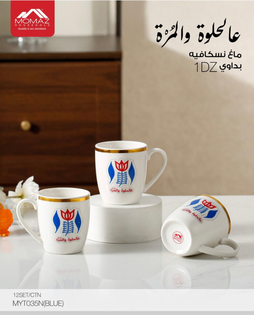 Red & Blue Floral 12-Piece Coffee Mug Set with Gold Trim