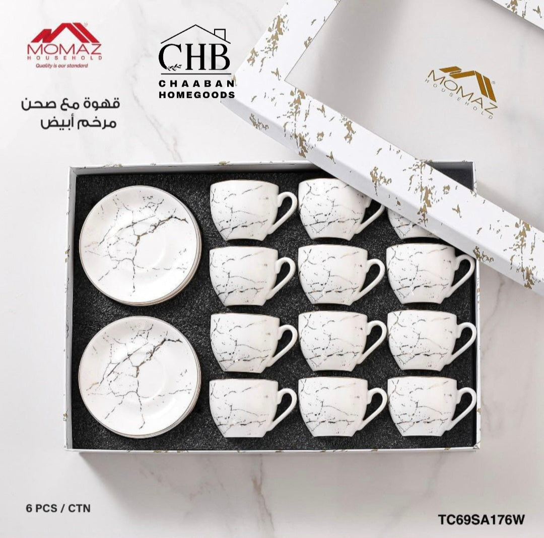 Marble Coffee Cups Set – 12 Pieces with Saucers