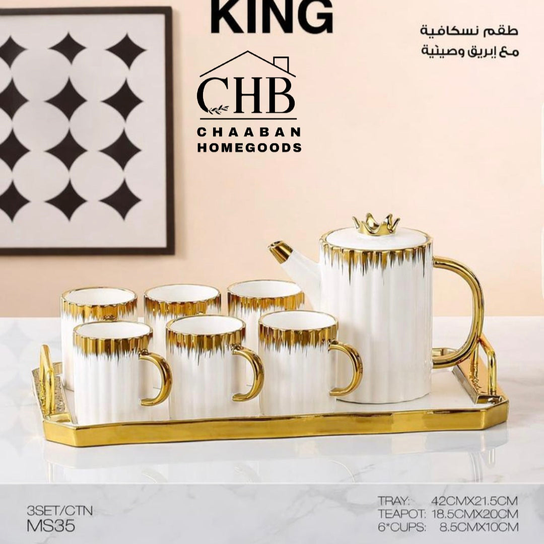 Luxury Tea Set with Tray – Teapot & 6 Cups Gold Design Serving Set