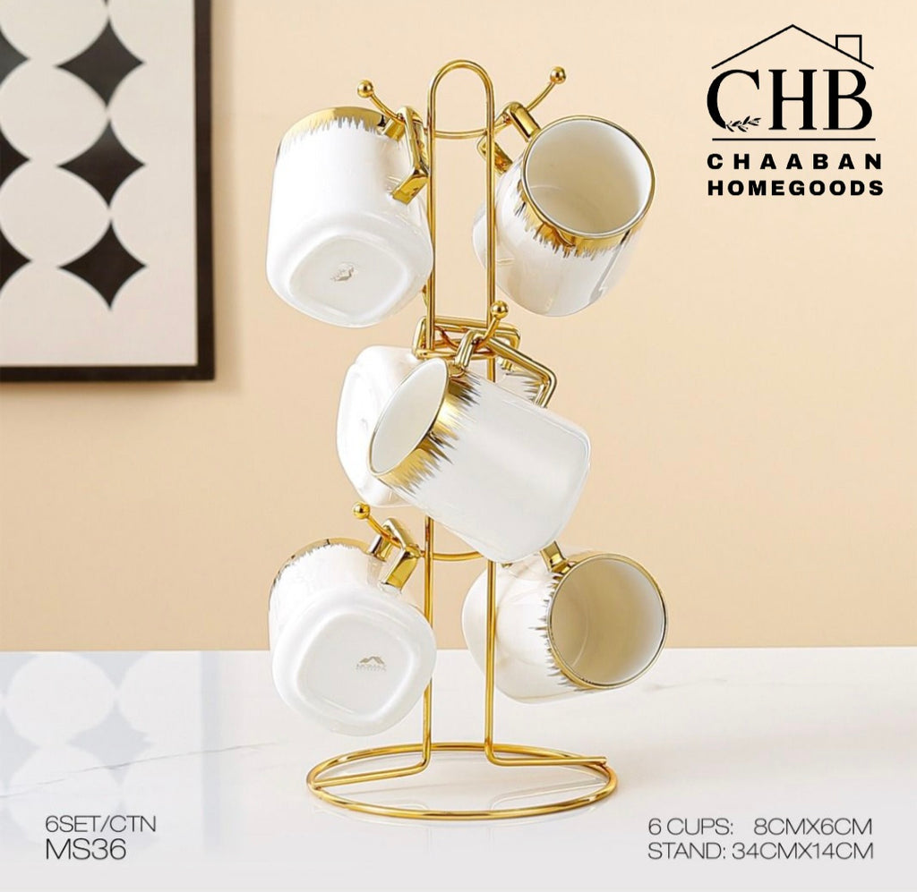 Luxury Mug Set with Stand – 6 Coffee Mugs (Gold Finish)