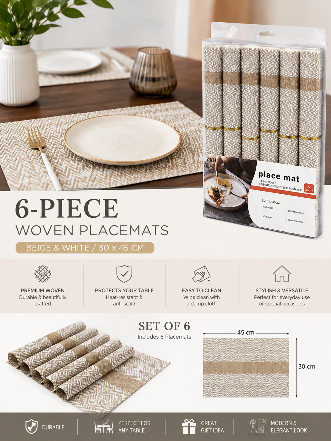 6-Piece Woven Placemat Set – 30 × 45 cm – 2 Colors