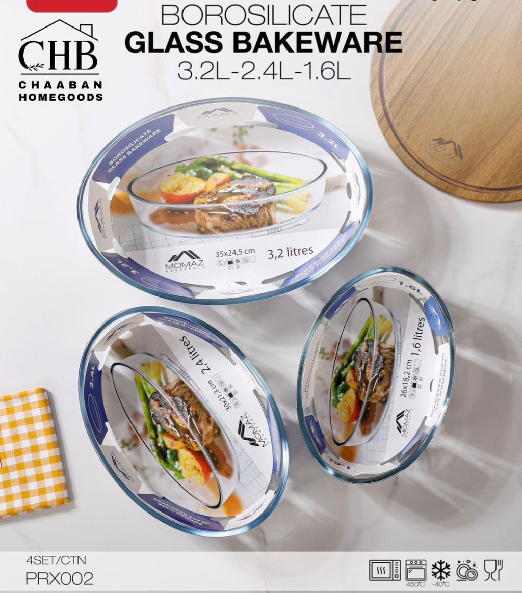 3-Piece Oval Glass Bakeware Set (Oven & Storage Use)