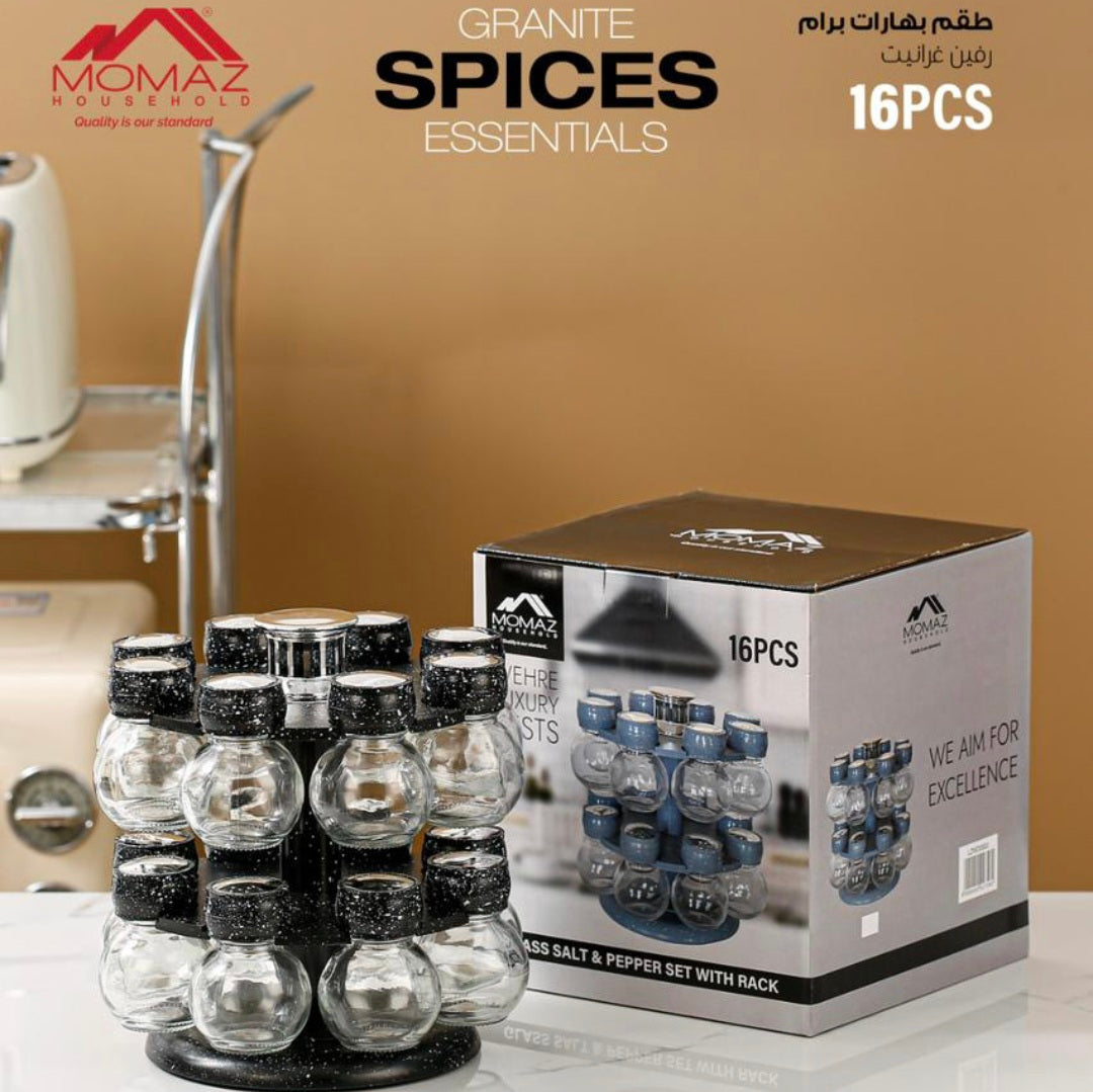 16-Piece Rotating Glass Spice Jar Set with Rack – Premium Kitchen Organizer