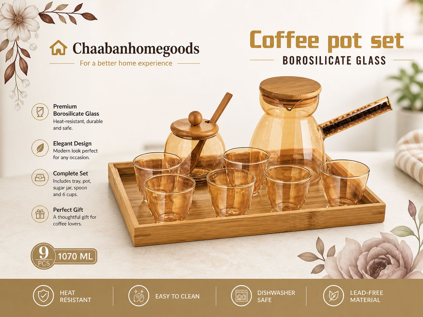 Luxury Borosilicate Glass Coffee Pot Set – 9 PCS with Wooden Tray
