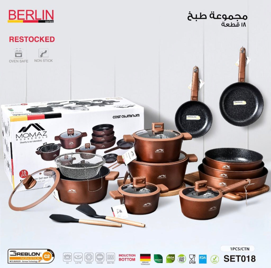 Premium 18-Piece Non-Stick Cookware Set – Aluminum Pots & Pans with Swiss Coating | Induction Ready | Free Shipping