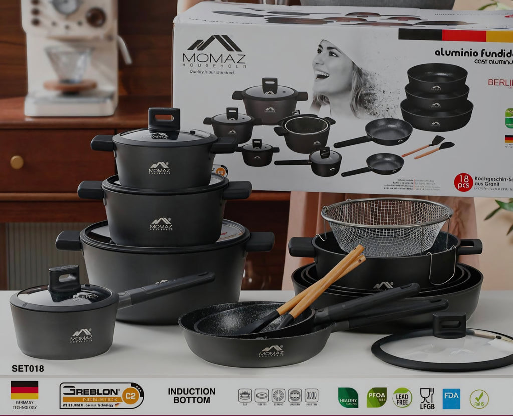 Premium 18-Piece Non-Stick Cookware Set – Aluminum Pots & Pans with Swiss Coating | Induction Ready | Free Shipping