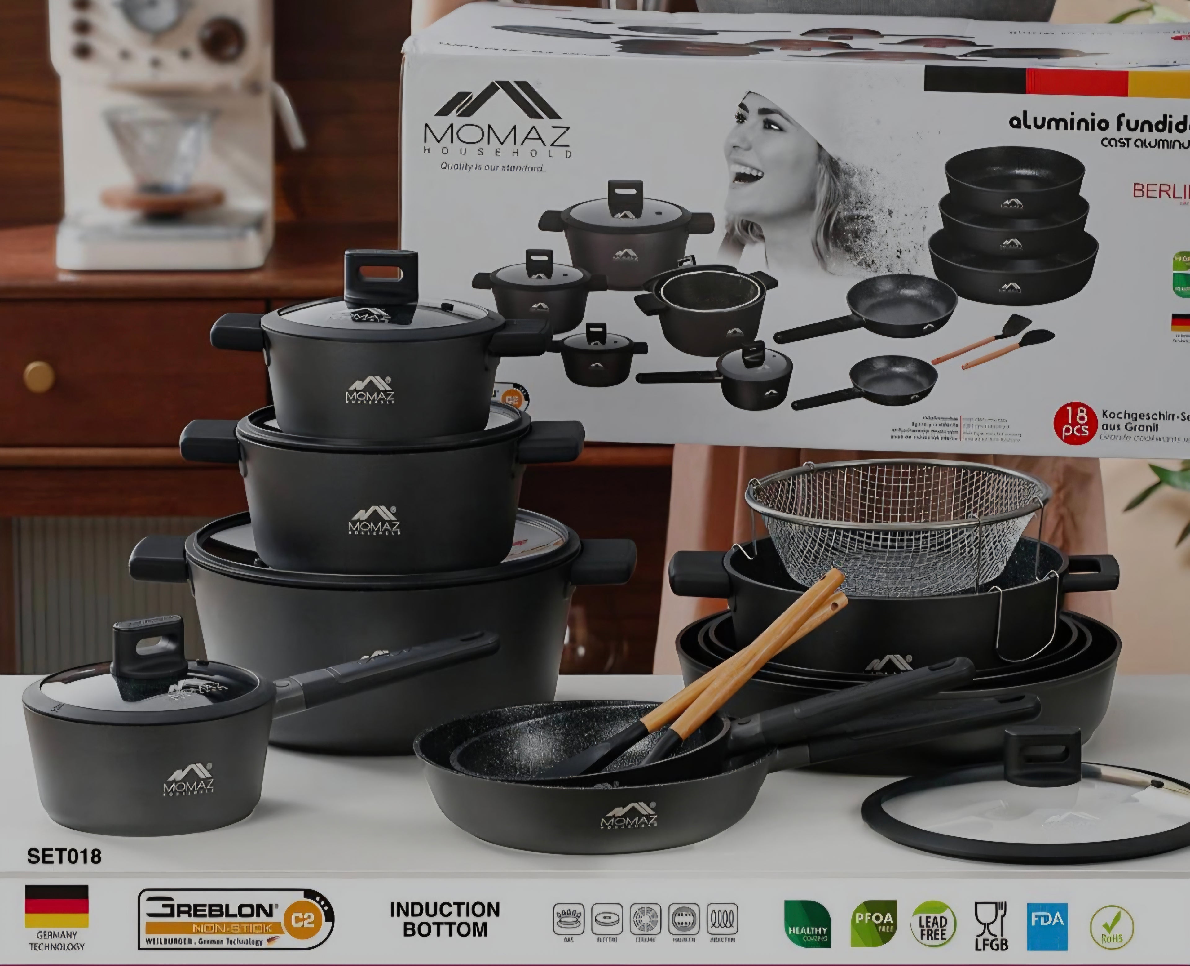 Premium 18-Piece Non-Stick Cookware Set – Aluminum Pots & Pans with Swiss Coating | Induction Ready | Free Shipping