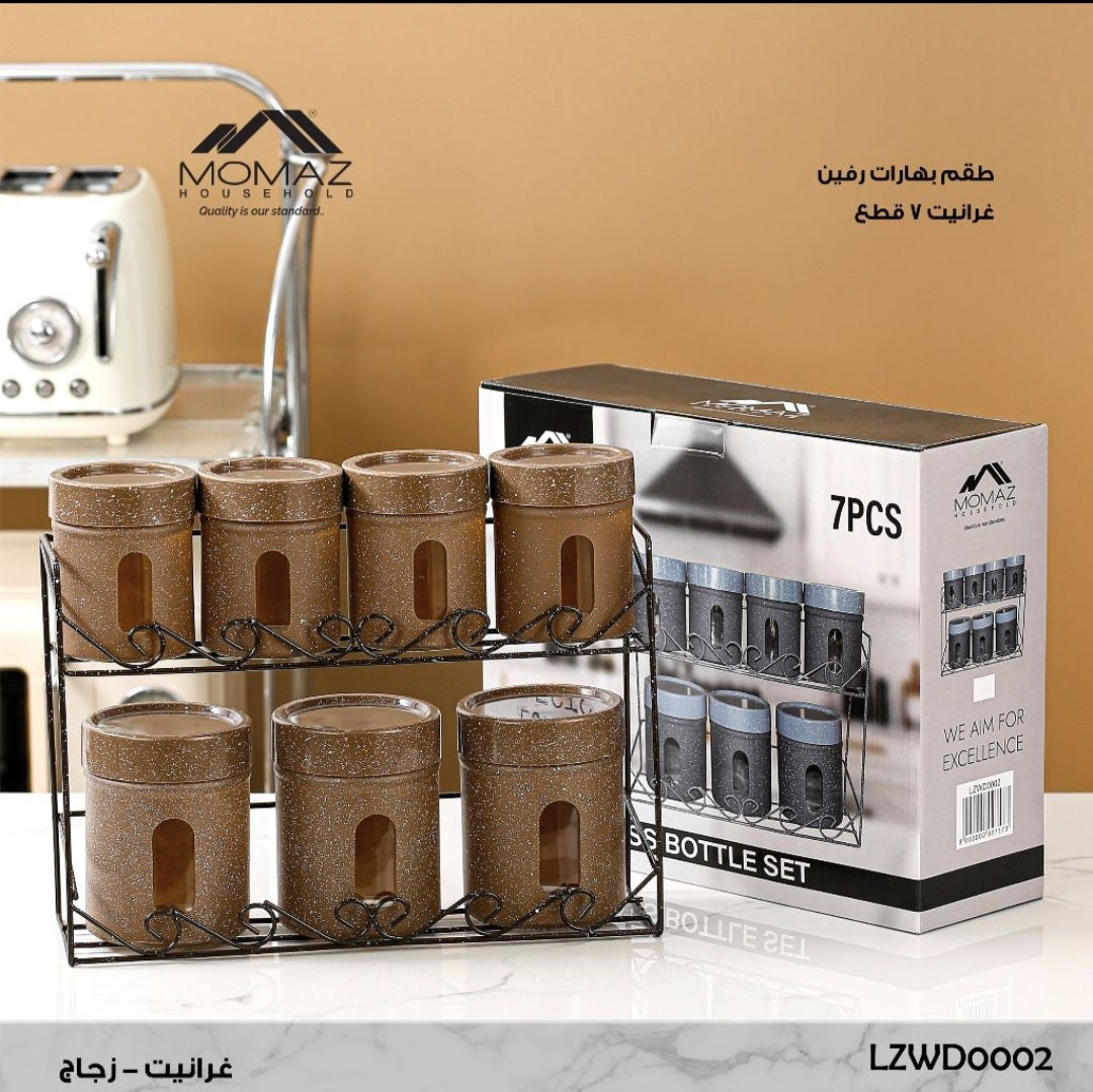 7 Piece Glass Storage Jar Set with Metal Rack