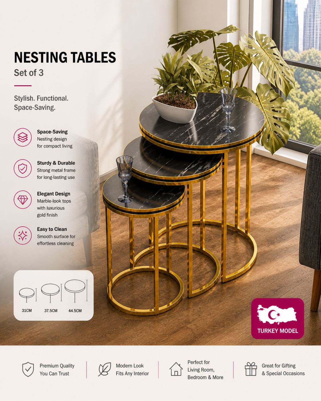 👉 Luxury Nesting Tables – Set of 3 (Gold Frame & Marble-Style Top)