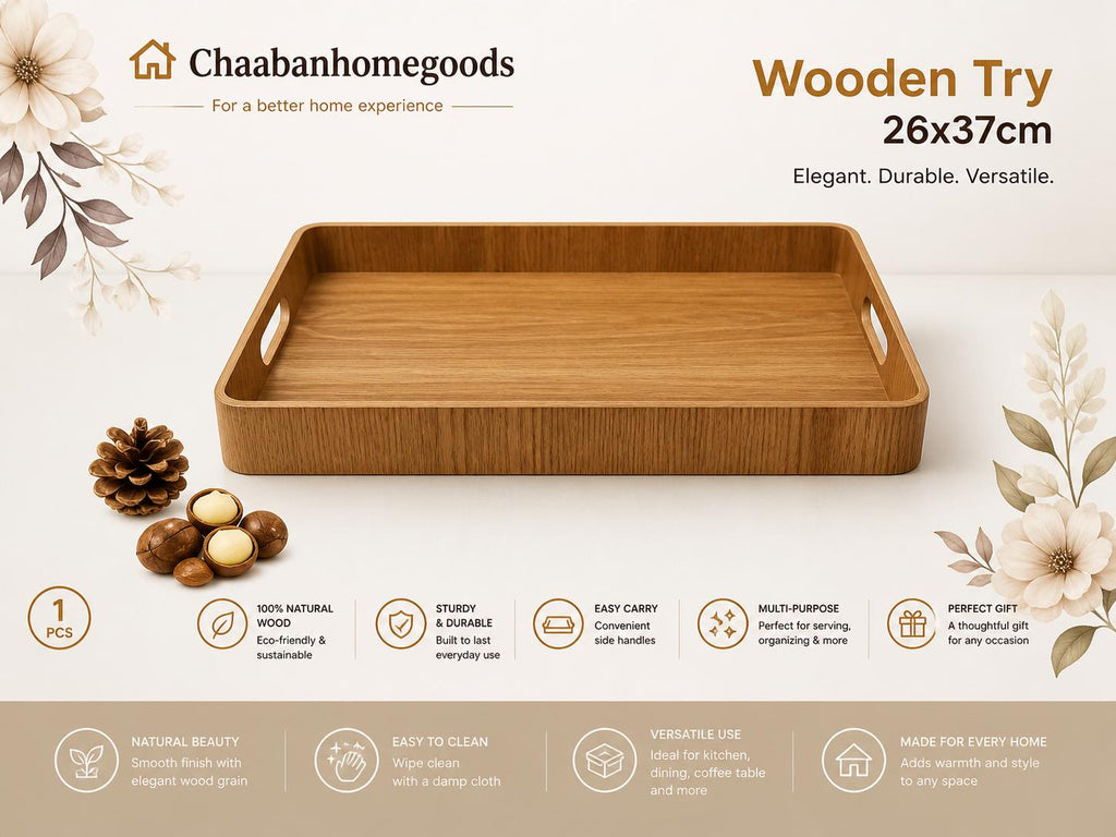 Wooden Serving Tray with Handles – 26x37CM Decorative Organizer Tray