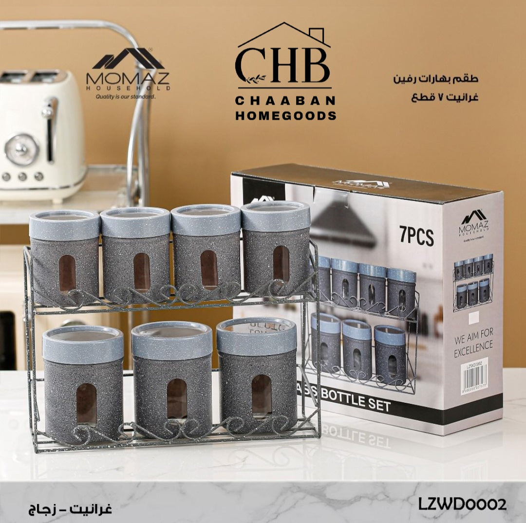 7 Piece Glass Storage Jar Set with Metal Rack